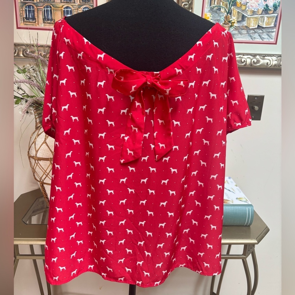 DOG PRINT OLD NAVY RED & WHITE BLOUSE SHORT PUFF SLEEVE BOW TOP SIZE XL